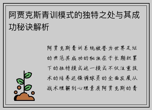 阿贾克斯青训模式的独特之处与其成功秘诀解析 阿贾克斯青训模式的独特之处与其成功秘诀解析