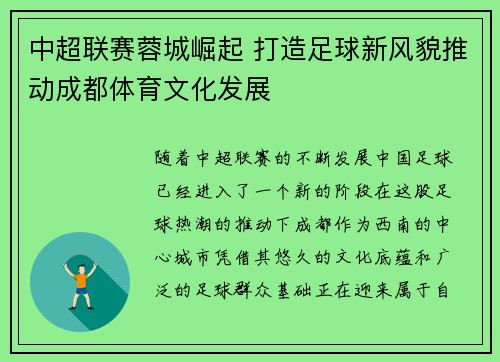 中超联赛蓉城崛起 打造足球新风貌推动成都体育文化发展 中超联赛蓉城崛起 打造足球新风貌推动成都体育文化发展